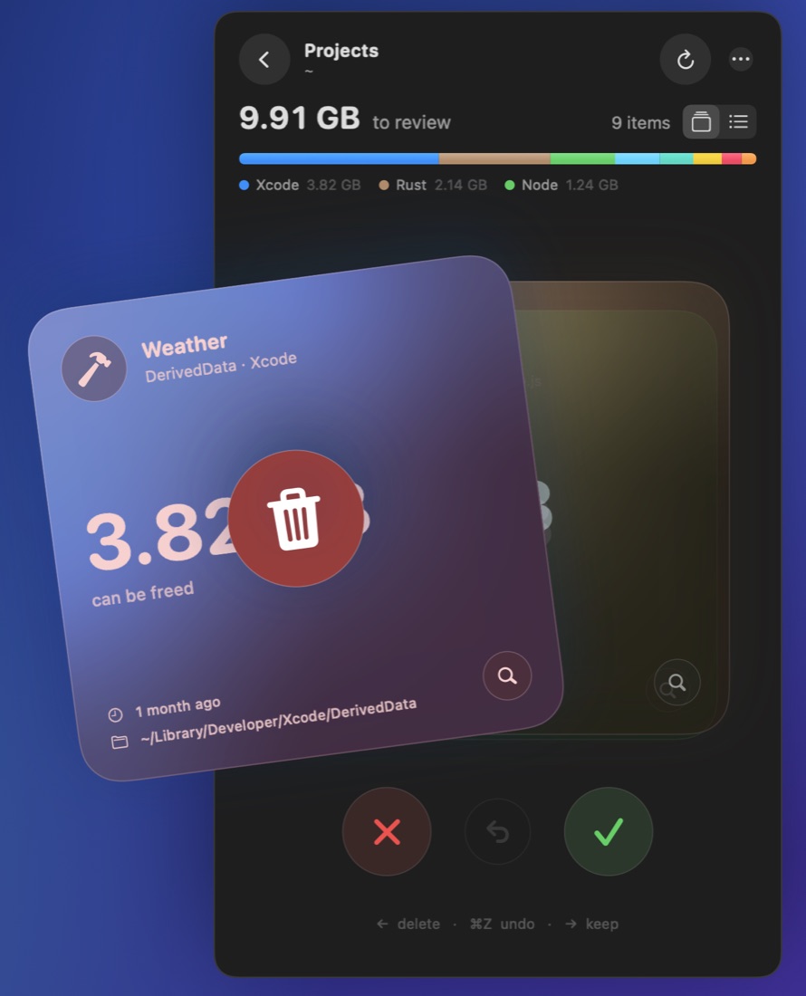 Swipeclean showing a build folder being swiped away
